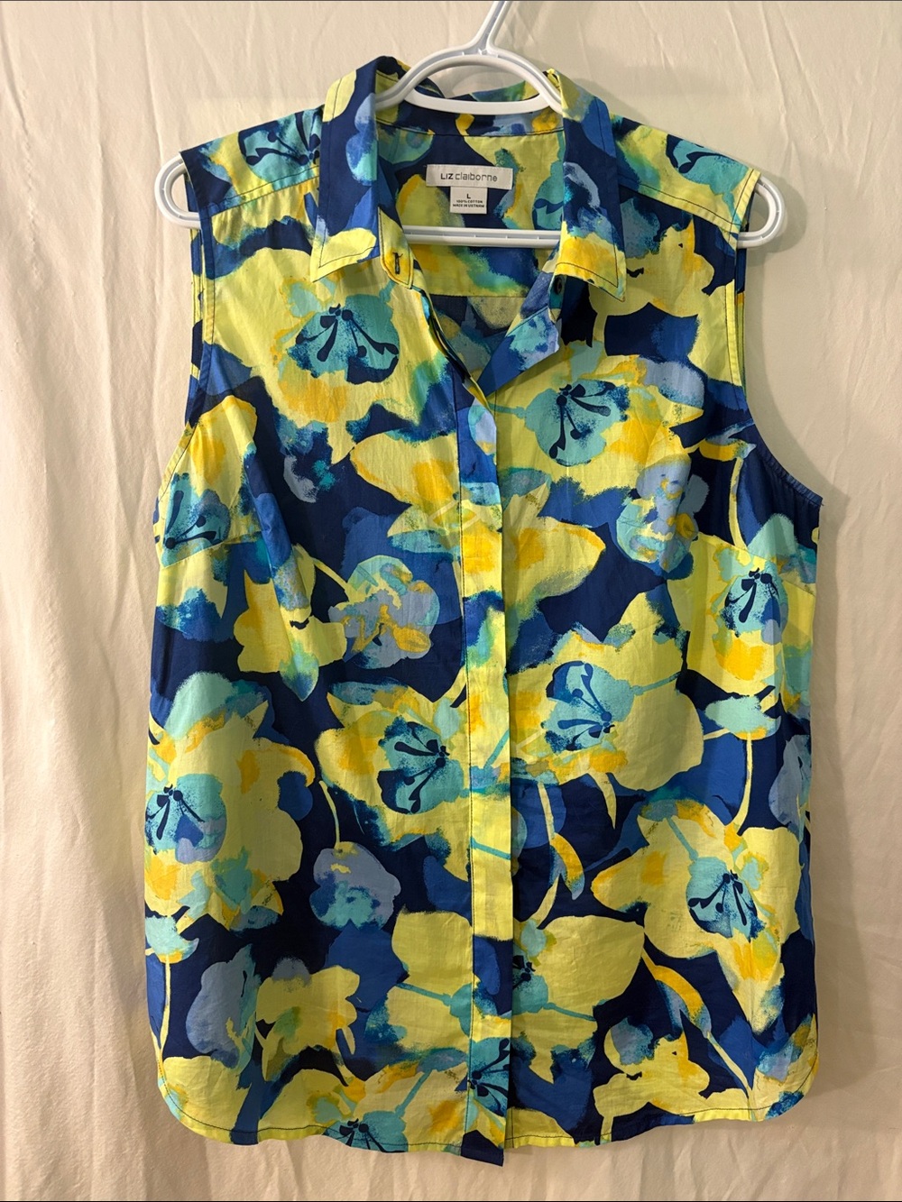 Liz Claiborne Yellow & Blue Floral Sleeveless Button-Front Top